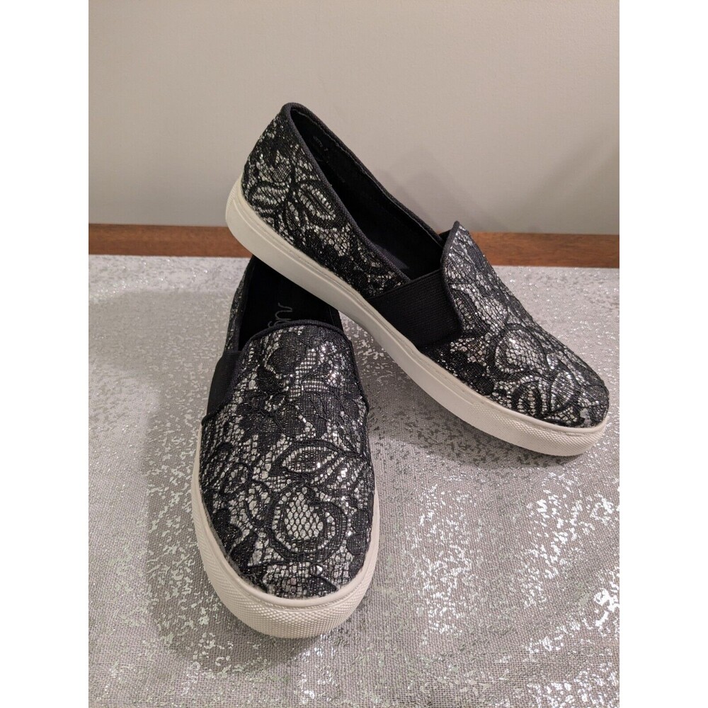 SUGAR Izette Shoes Womens 7 Black Silver Glitter Lace Loafers Athleisure Glam
